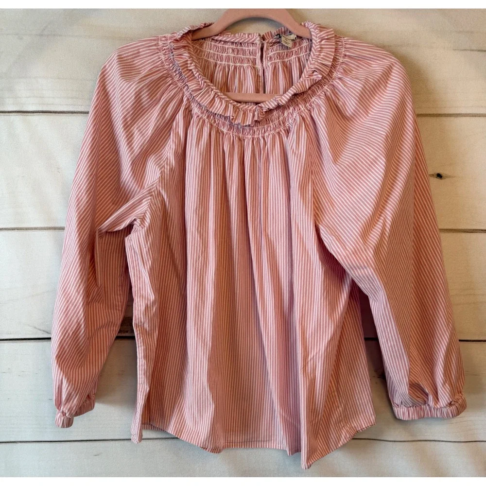 J. Crew Pink White Striped Smocked Ruffle Neck Blouse Top Large